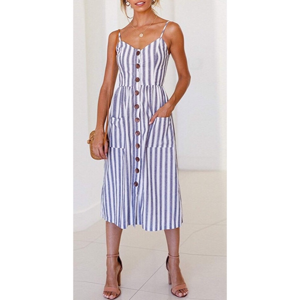 Blue and white stripe button down dress